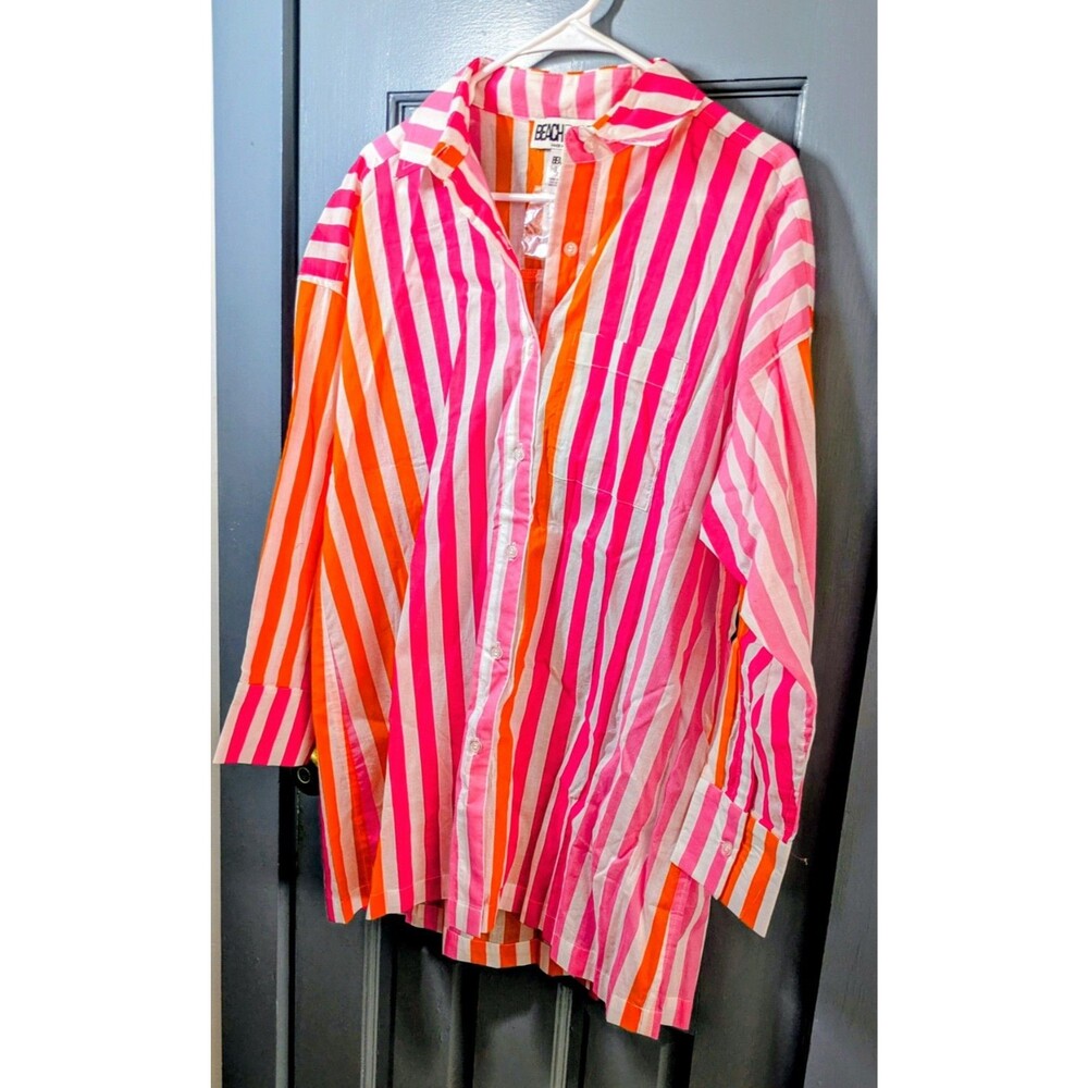 beach Riot Striped Button Down Shirt Pink Orange White Oversized Cotton S/M